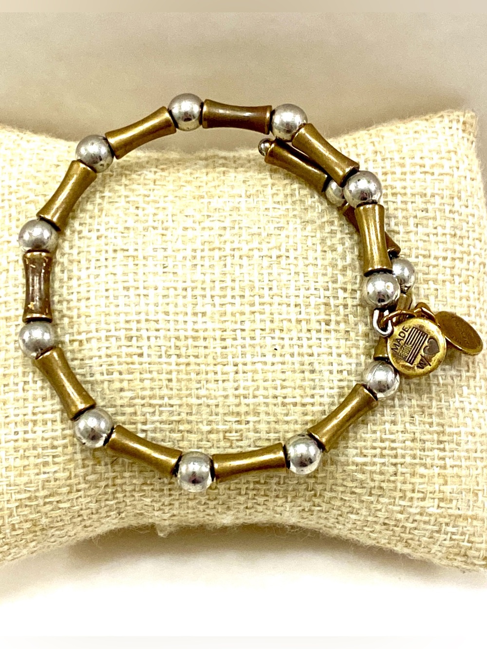 Alex and Ani Vintage Sixty-Six Gold and Silver Beaded Stretch Bracelet